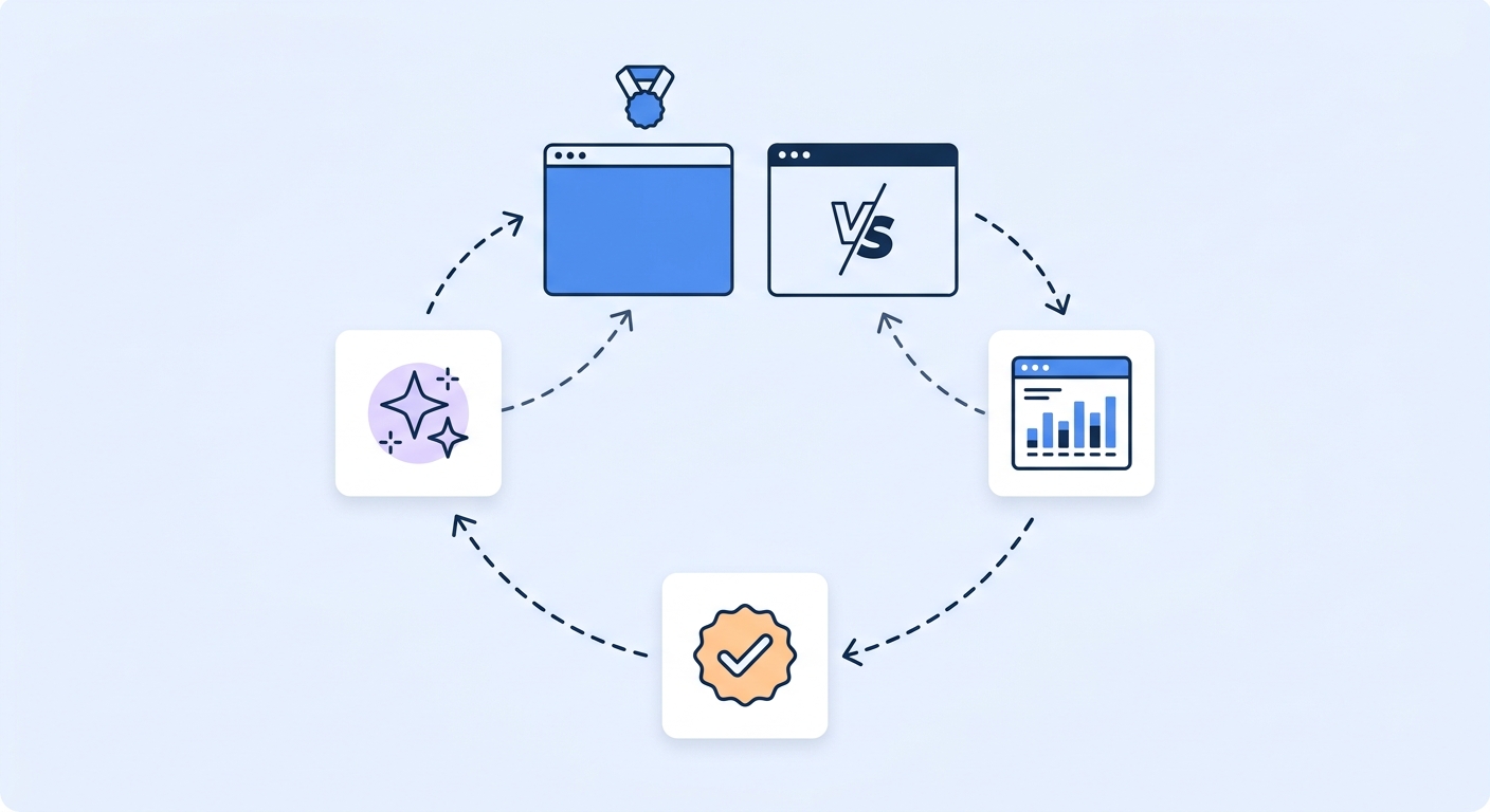 A/B test variant comparison bars next to an AI interpretation card recommending a winner